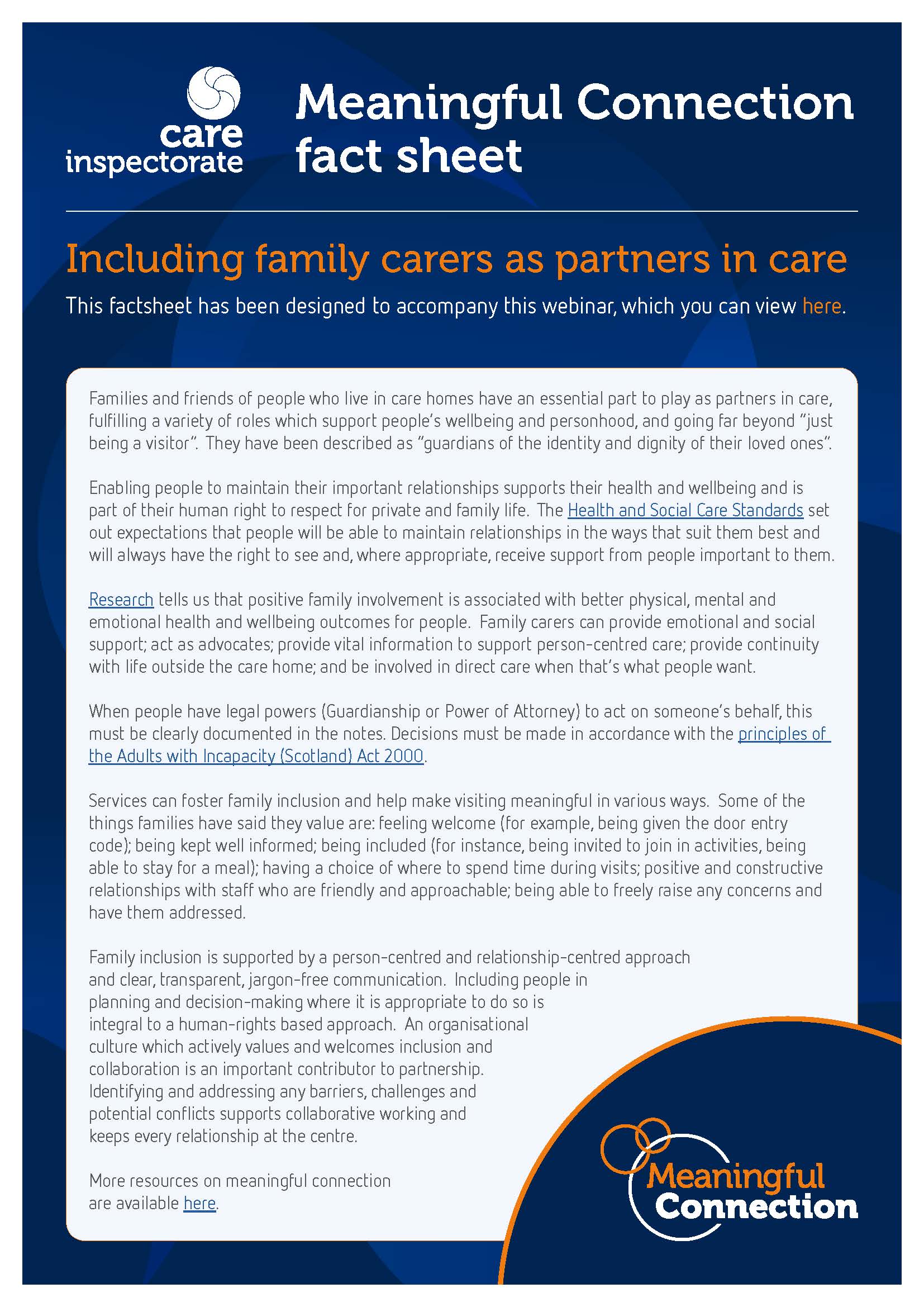 Meaningful connection fact sheet Including family carers as partners in care