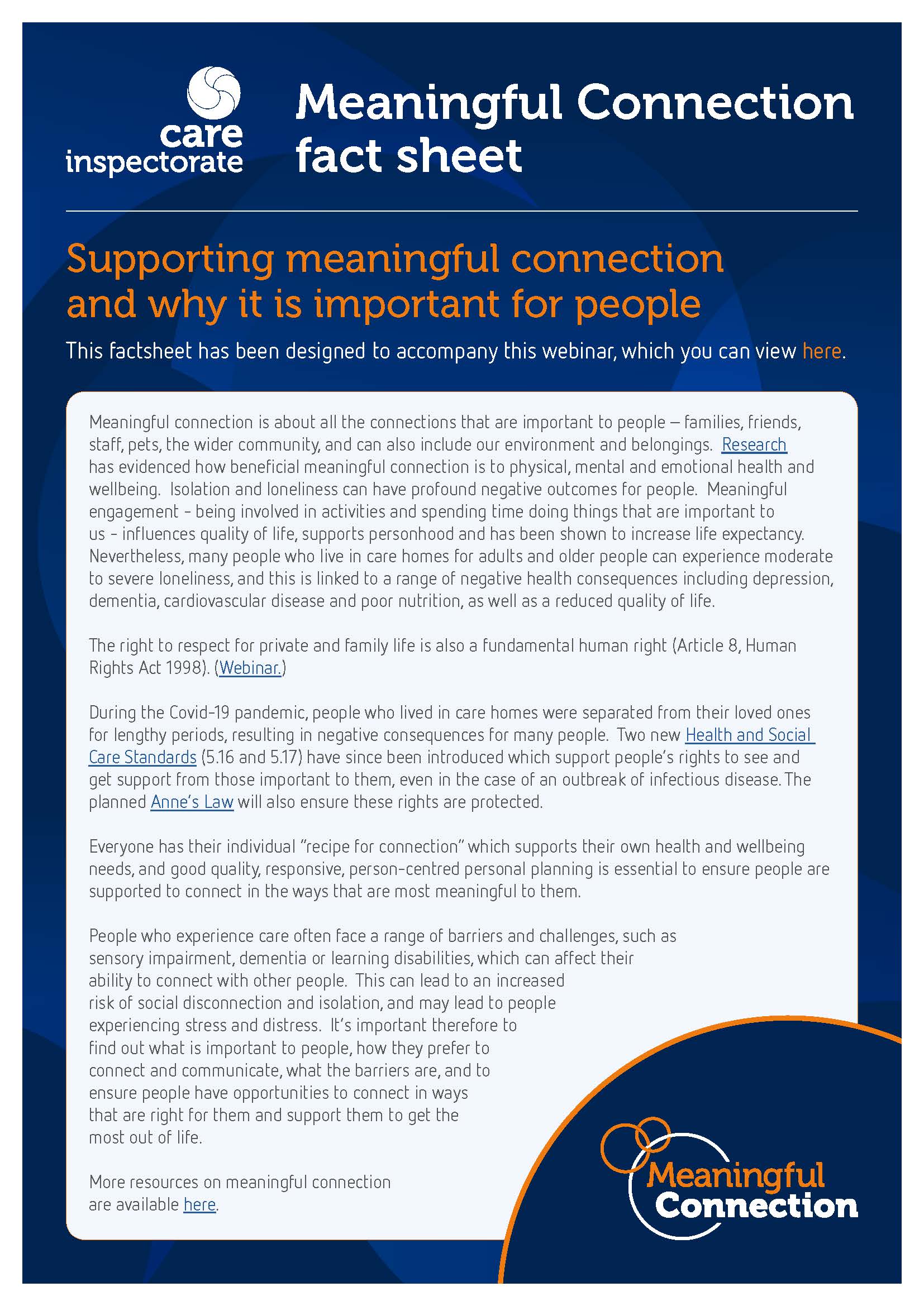 Meaningful connection fact sheet Supporting meaningful connection